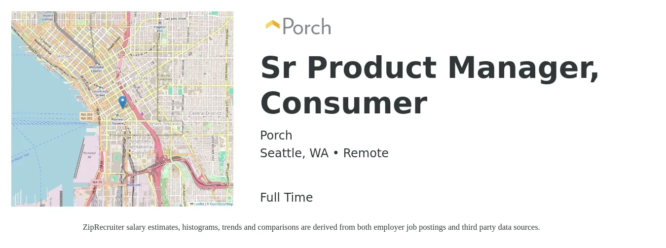 Porch job posting for a Sr Product Manager, Consumer in Seattle, WA with a salary of $144,000 to $190,000 Yearly with a map of Seattle location.