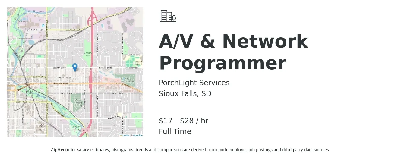 PorchLight Services job posting for a A/V & Network Programmer in Sioux Falls, SD with a salary of $18 to $30 Hourly with a map of Sioux Falls location.