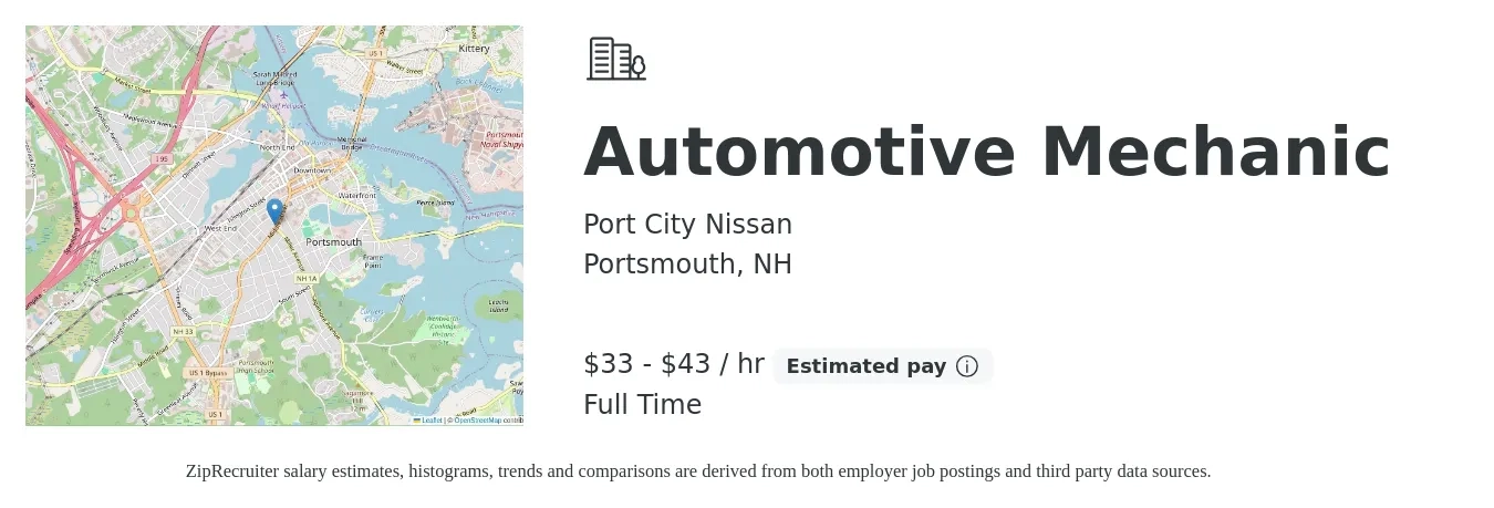 Port City Nissan job posting for a Automotive Mechanic in Portsmouth, NH with a salary of $35 to $45 Hourly with a map of Portsmouth location.