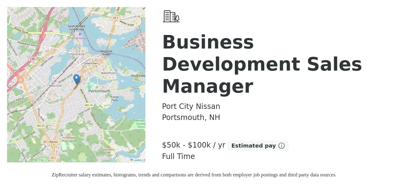 Port City Nissan job posting for a Business Development Sales Manager in Portsmouth, NH with a salary of $50,000 to $100,000 Yearly with a map of Portsmouth location.