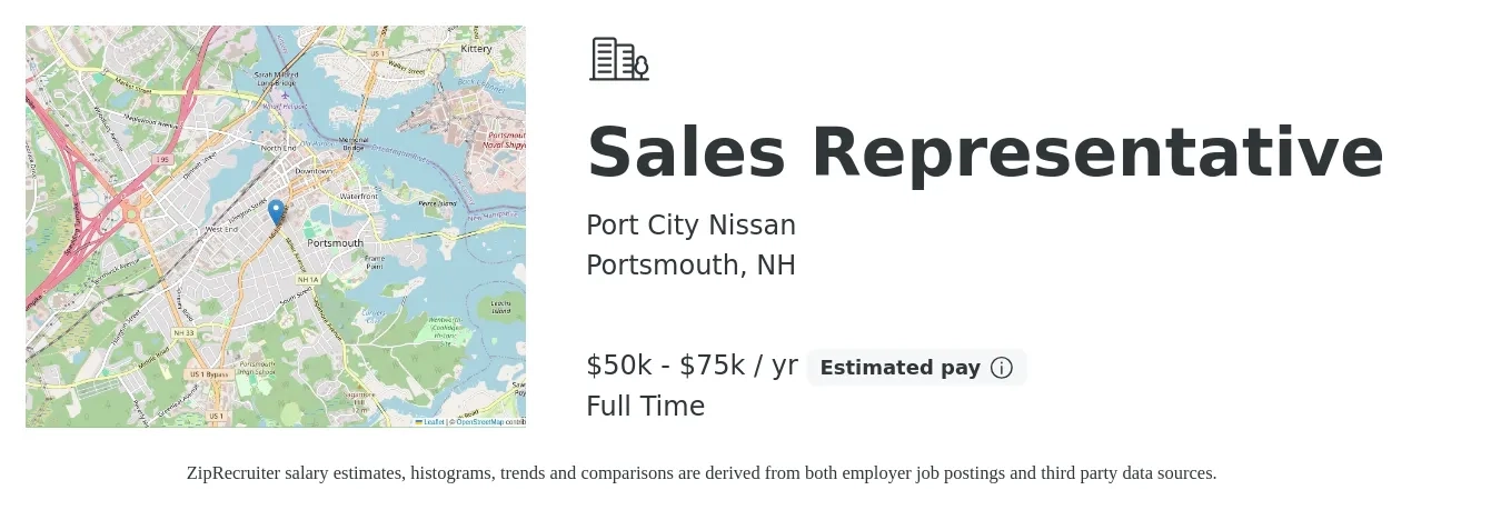 Port City Nissan job posting for a Sales Representative in Portsmouth, NH with a salary of $50,000 to $75,000 Yearly with a map of Portsmouth location.