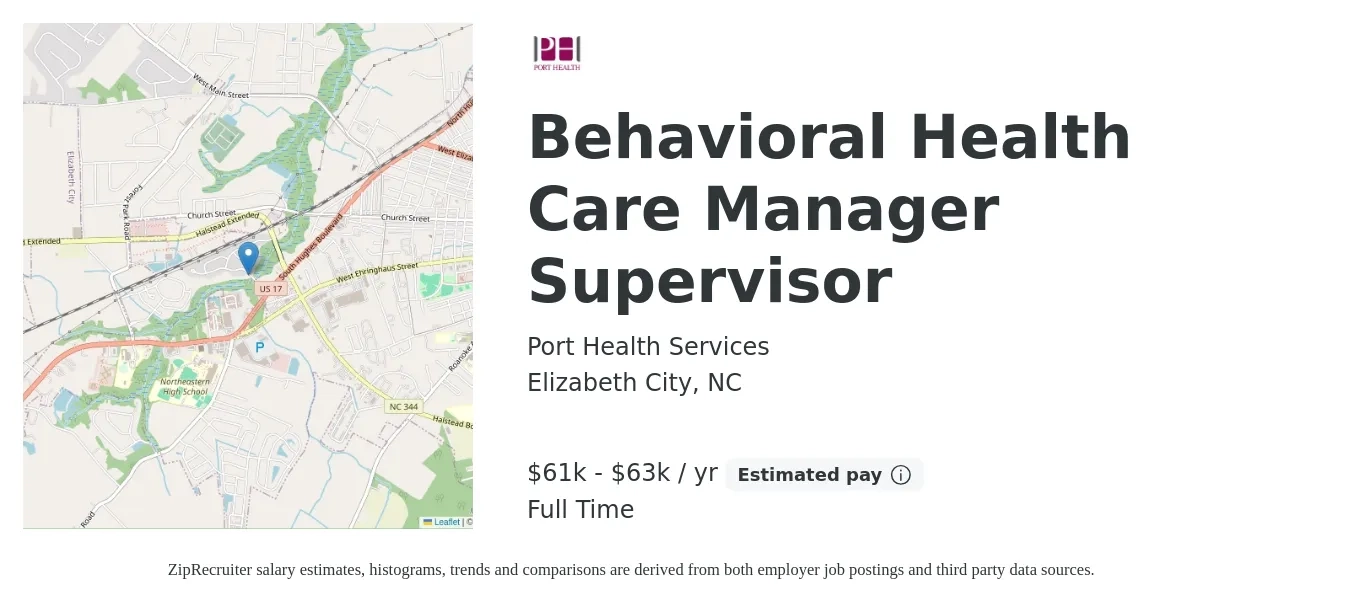 Port Health Services job posting for a Behavioral Health Care Manager Supervisor in Elizabeth City, NC with a salary of $61,000 to $63,000 Yearly with a map of Elizabeth City location.