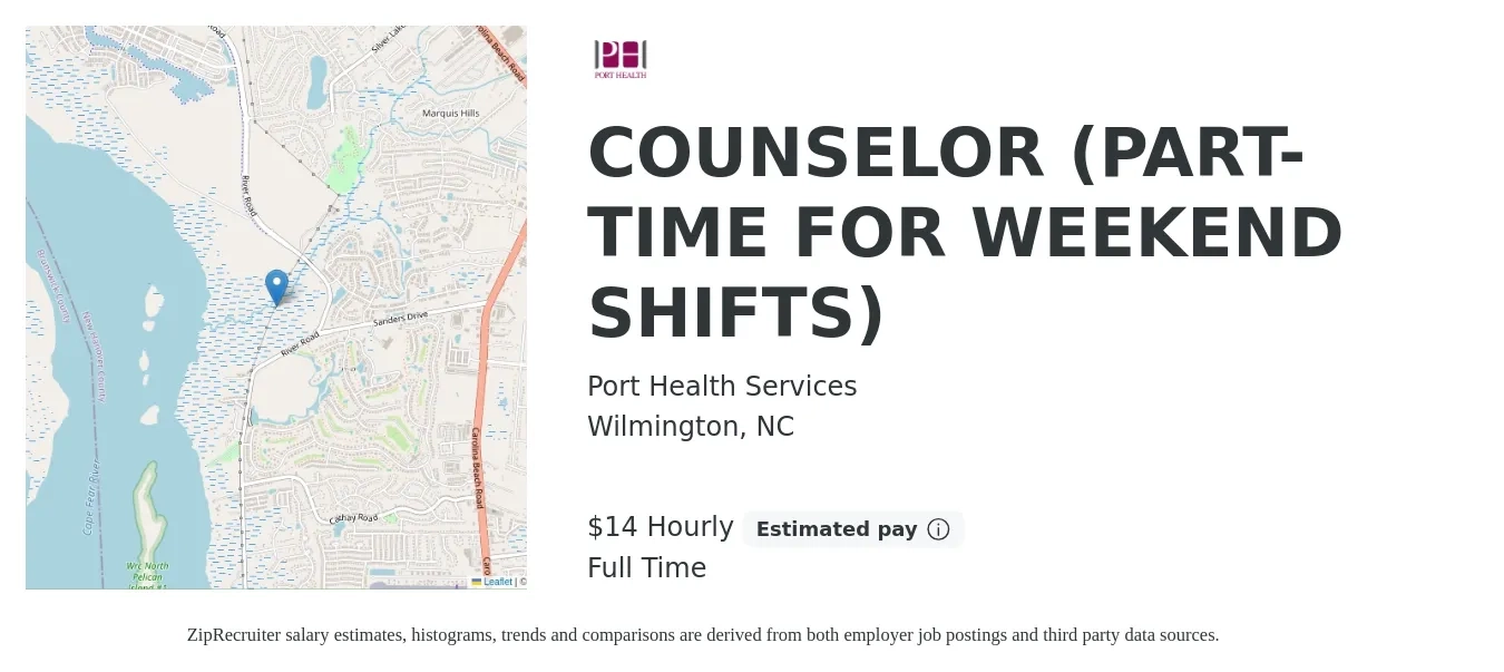 Port Health Services job posting for a COUNSELOR (PART-TIME FOR WEEKEND SHIFTS) in Wilmington, NC with a salary of $15 Hourly with a map of Wilmington location.