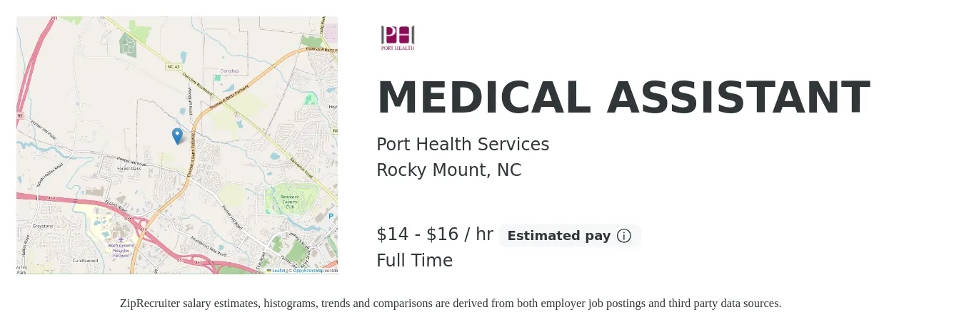 Port Health Services job posting for a MEDICAL ASSISTANT in Rocky Mount, NC with a salary of $15 to $17 Hourly with a map of Rocky Mount location.