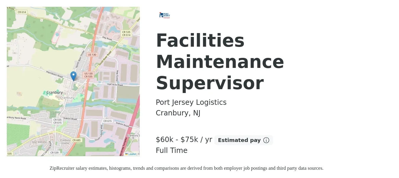 Port Jersey Logistics job posting for a Facilities Maintenance Supervisor in Cranbury, NJ with a salary of $60,000 to $75,000 Yearly with a map of Cranbury location.
