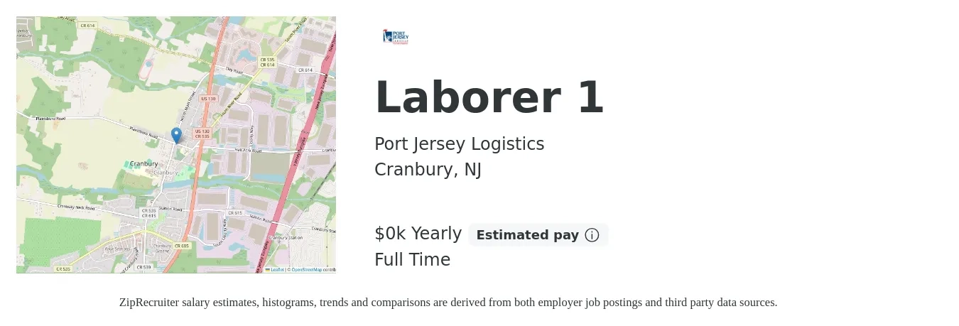 Port Jersey Logistics job posting for a Laborer 1 in Cranbury, NJ with a salary of $18 to $19 Yearly with a map of Cranbury location.