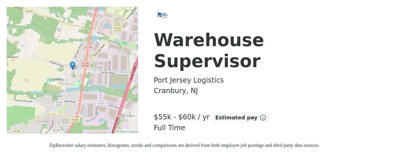 Port Jersey Logistics job posting for a Warehouse Supervisor in Cranbury, NJ with a salary of $55,000 to $60,000 Yearly with a map of Cranbury location.