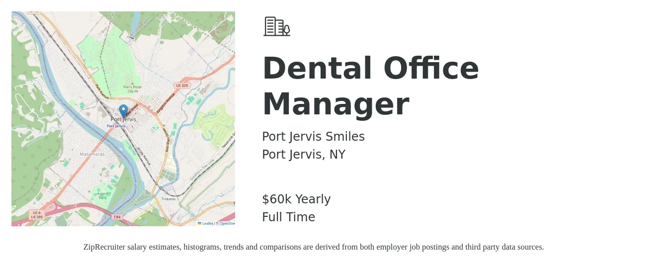 Port Jervis Smiles job posting for a Dental Office Manager in Port Jervis, NY with a salary of $60,000 Yearly with a map of Port Jervis location.