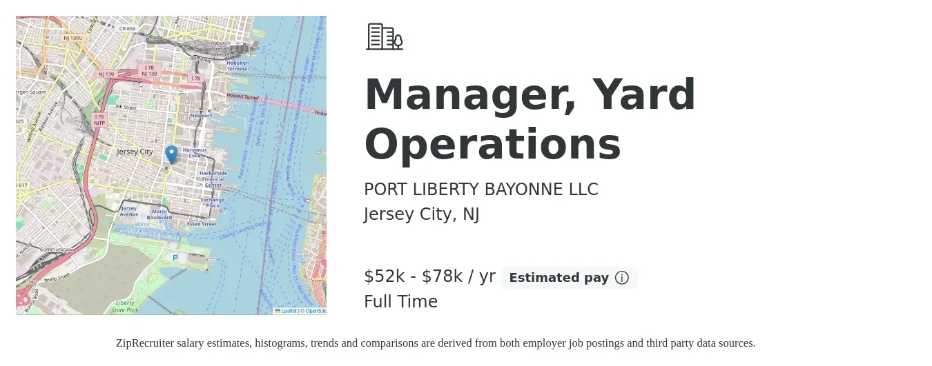 PORT LIBERTY BAYONNE LLC job posting for a Manager, Yard Operations in Jersey City, NJ with a salary of $52,480 to $78,720 Yearly with a map of Jersey City location.