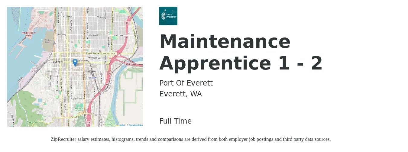Port Of Everett job posting for a Maintenance Apprentice 1 - 2 in Everett, WA with a salary of $19 to $26 Hourly with a map of Everett location.