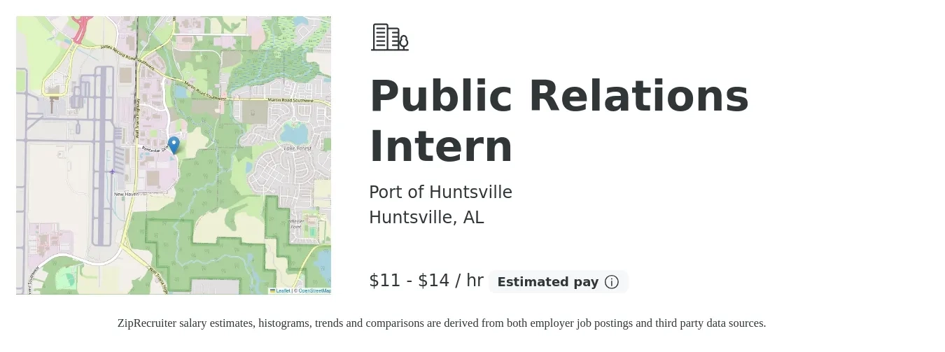 Port of Huntsville job posting for a Public Relations Intern in Huntsville, AL with a salary of $12 to $15 Hourly with a map of Huntsville location.