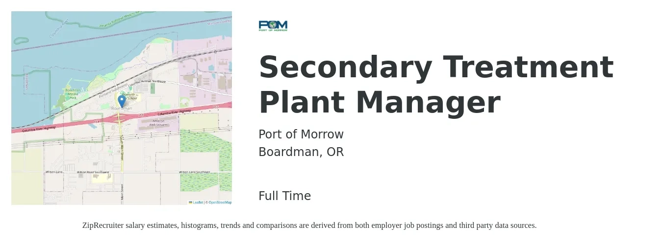 Port of Morrow job posting for a Secondary Treatment Plant Manager in Boardman, OR with a salary of $122,000 Yearly with a map of Boardman location.