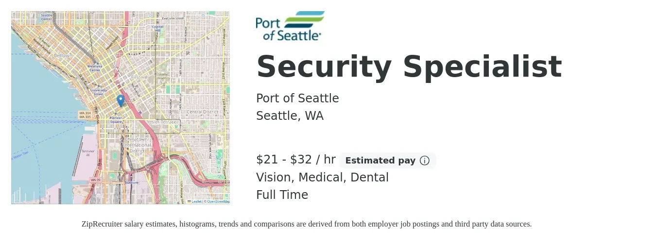 Port of Seattle job posting for a Security Specialist in Seattle, WA with a salary of $22 to $33 Hourly and benefits including dental, life_insurance, medical, pto, retirement, and vision with a map of Seattle location.