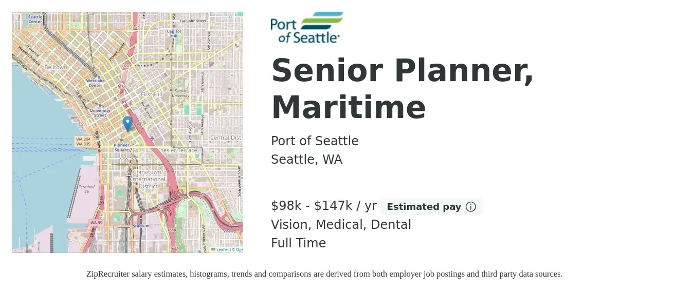 Port of Seattle job posting for a Senior Planner, Maritime in Seattle, WA with a salary of $98,592 to $147,888 Yearly and benefits including dental, life_insurance, medical, pto, retirement, and vision with a map of Seattle location.
