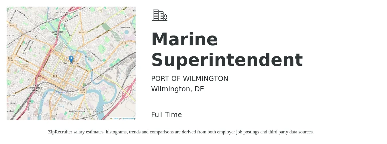 PORT OF WILMINGTON job posting for a Marine Superintendent in Wilmington, DE with a salary of $33,500 to $54,800 Yearly with a map of Wilmington location.