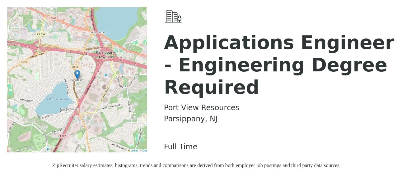 Port View Resources job posting for a Applications Engineer - Engineering Degree Required in Parsippany, NJ with a salary of $70,000 to $90,000 Yearly with a map of Parsippany location.