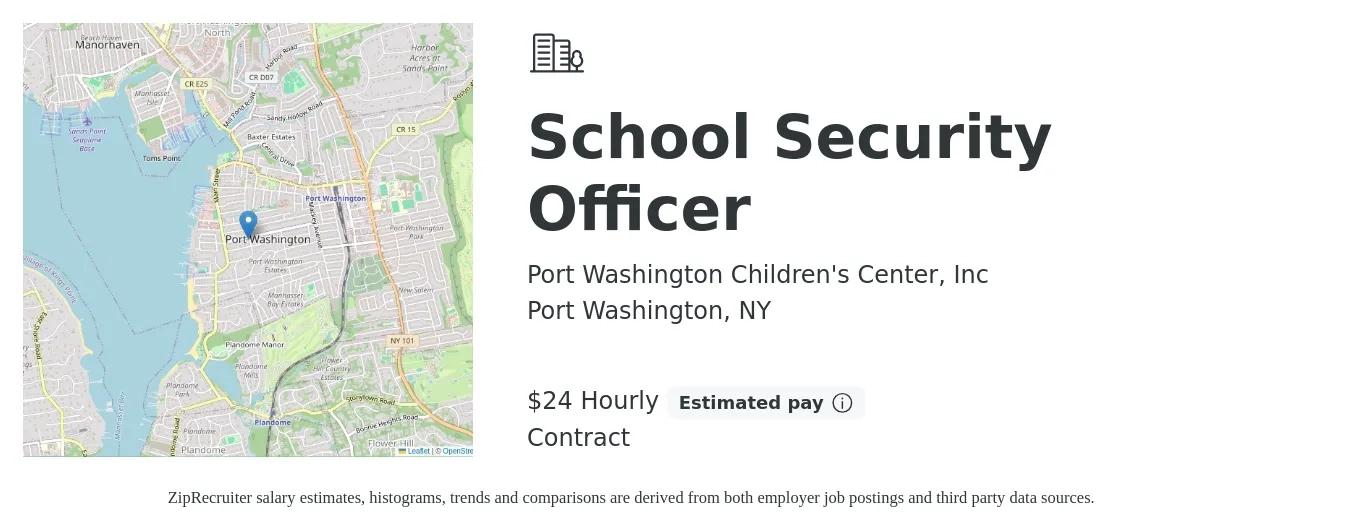 Port Washington Children's Center, Inc job posting for a School Security Officer in Port Washington, NY with a salary of $25 Hourly with a map of Port Washington location.