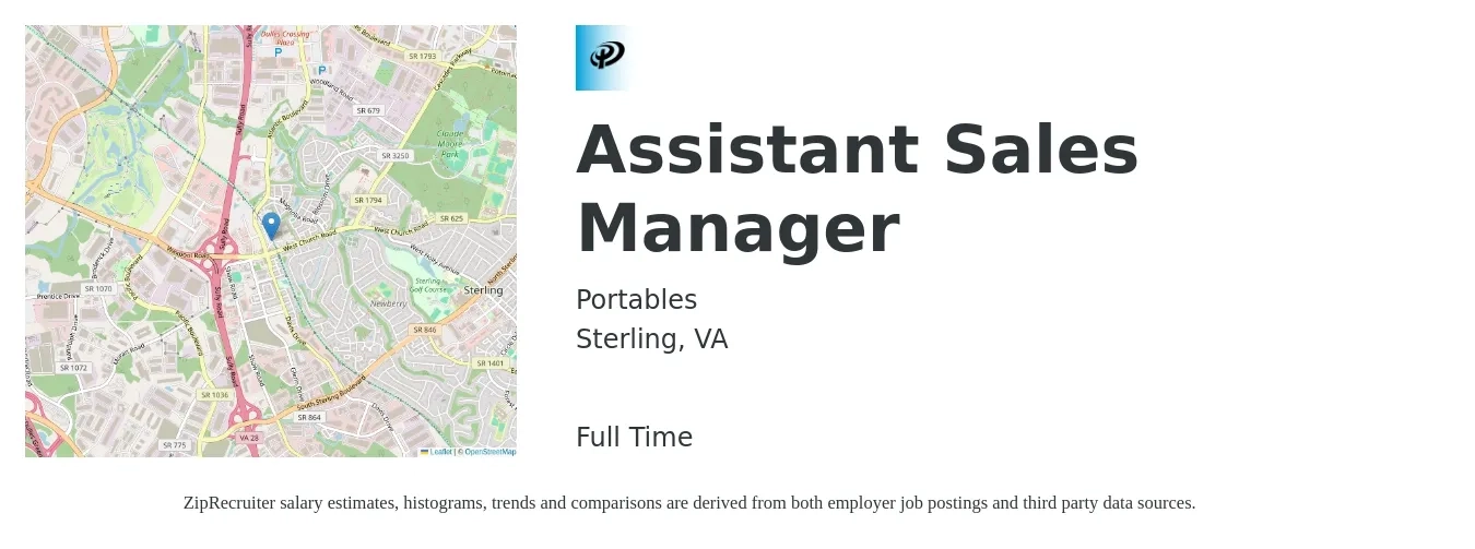 Portables job posting for a Assistant Sales Manager in Sterling, VA with a salary of $18 to $26 Hourly with a map of Sterling location.