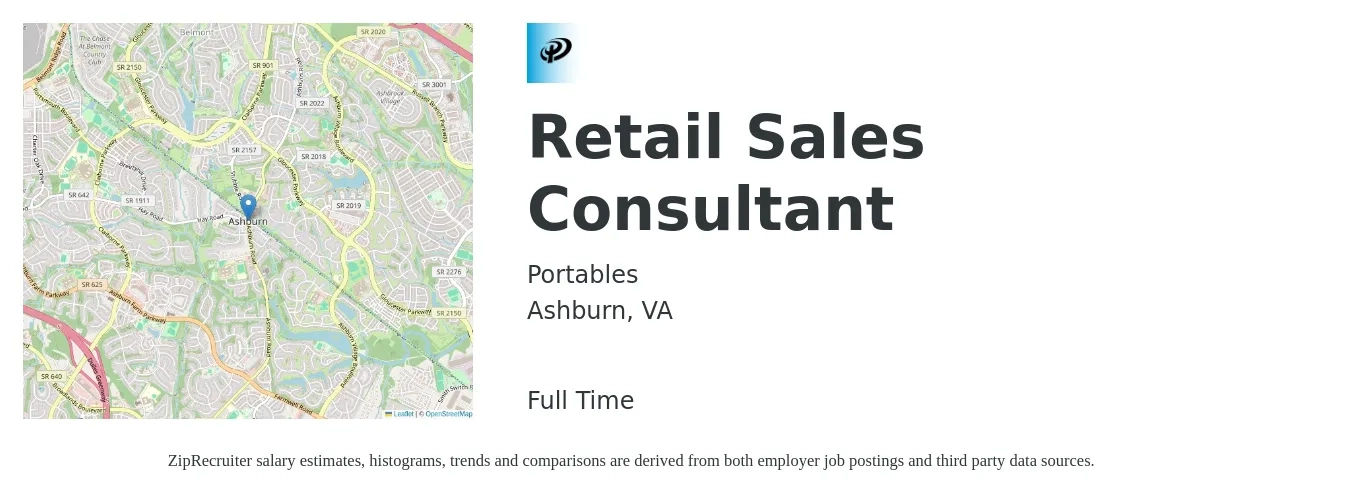 Portables job posting for a Retail Sales Consultant in Ashburn, VA with a salary of $34,300 to $61,400 Yearly with a map of Ashburn location.