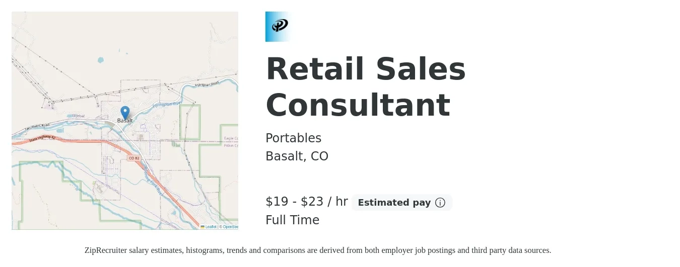 Portables job posting for a Retail Sales Consultant in Basalt, CO with a salary of $20 to $24 Hourly with a map of Basalt location.