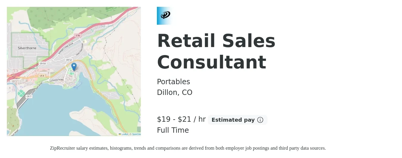 Portables job posting for a Retail Sales Consultant in Dillon, CO with a salary of $20 to $22 Hourly with a map of Dillon location.