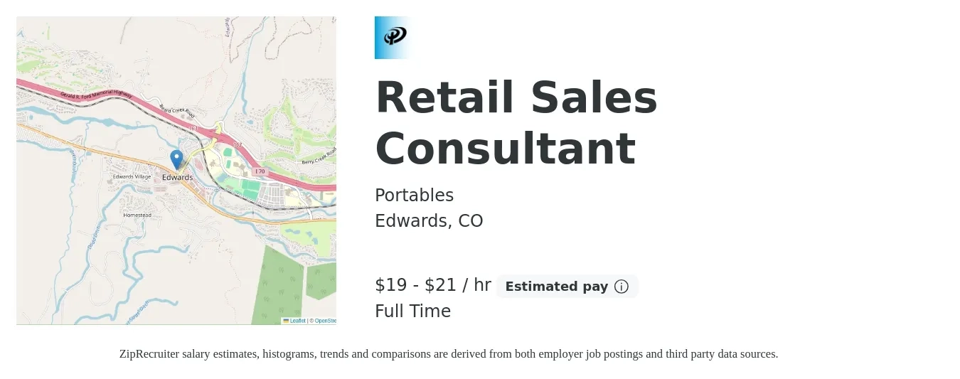 Portables job posting for a Retail Sales Consultant in Edwards, CO with a salary of $20 to $22 Hourly with a map of Edwards location.