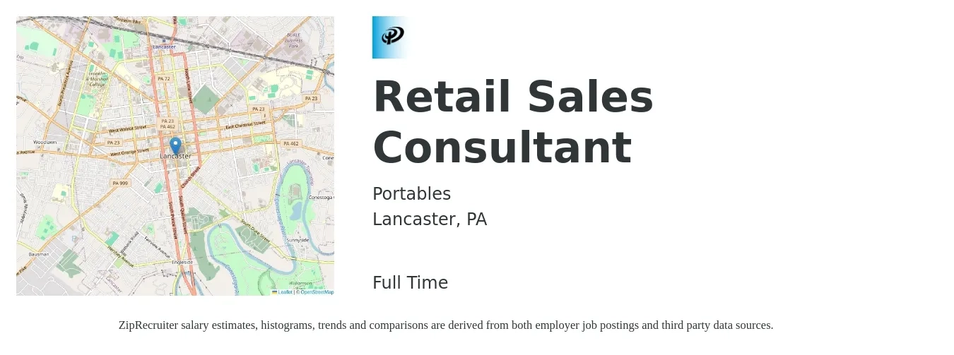 Portables job posting for a Retail Sales Consultant in Lancaster, PA with a salary of $32,600 to $58,300 Yearly with a map of Lancaster location.