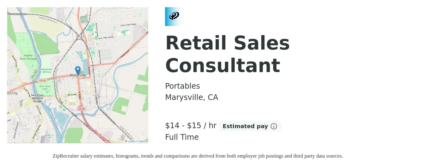 Portables job posting for a Retail Sales Consultant in Marysville, CA with a salary of $16 to $16 Hourly with a map of Marysville location.