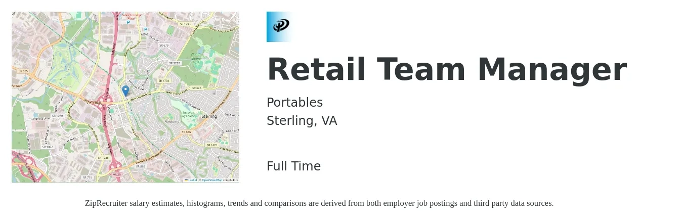 Portables job posting for a Retail Team Manager in Sterling, VA with a salary of $18 to $28 Hourly with a map of Sterling location.