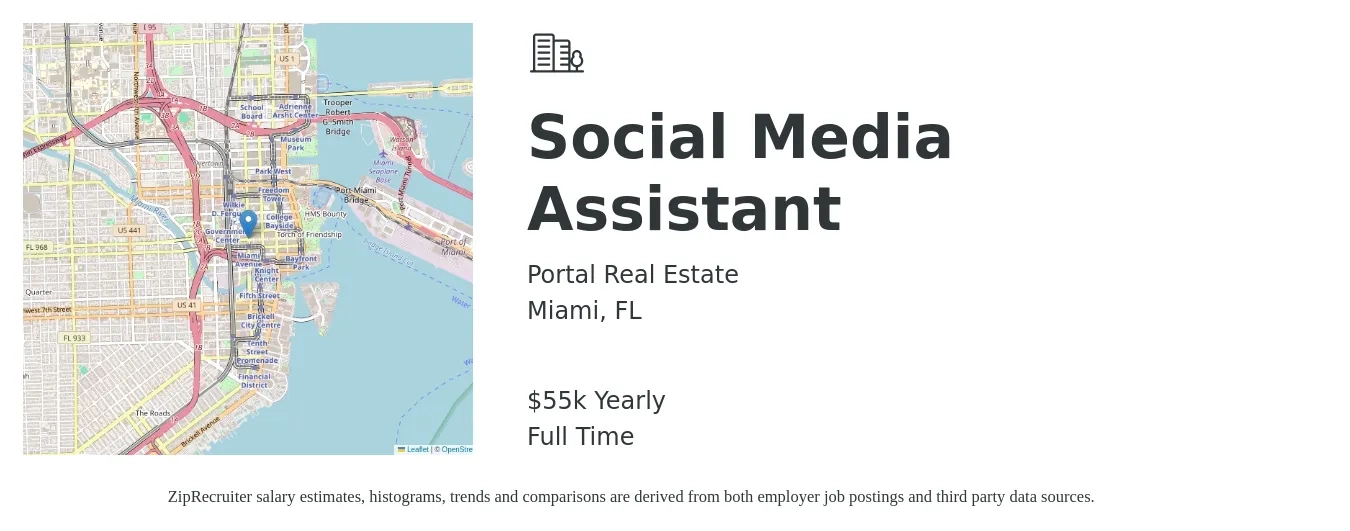 Portal Real Estate job posting for a Social Media Assistant in Miami, FL with a salary of $55,000 Yearly with a map of Miami location.