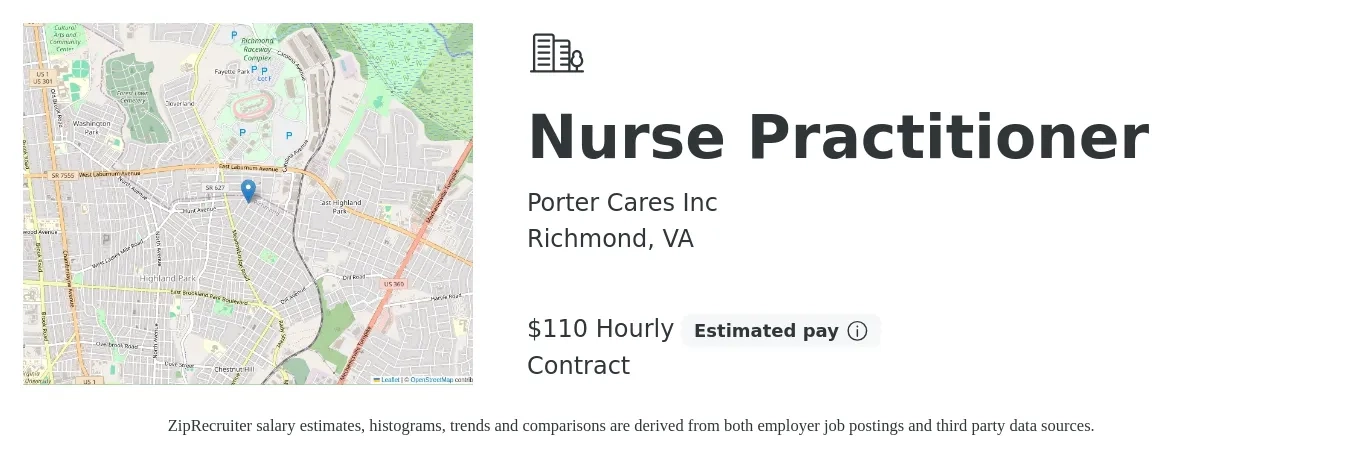 Porter Cares Inc job posting for a Nurse Practitioner in Richmond, VA with a salary of $115 Hourly with a map of Richmond location.