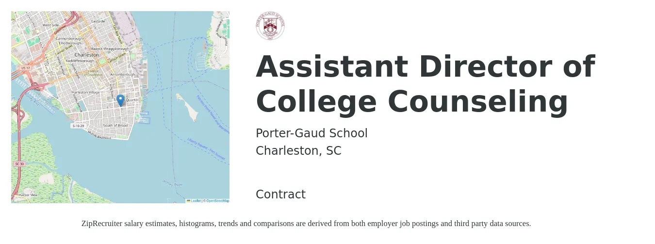 Porter-Gaud School job posting for a Assistant Director of College Counseling in Charleston, SC with a salary of $42,400 to $85,400 Yearly with a map of Charleston location.