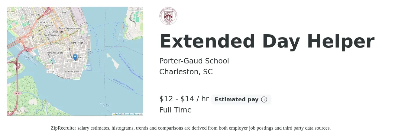 Porter-Gaud School job posting for a Extended Day Helper in Charleston, SC with a salary of $13 to $15 Hourly with a map of Charleston location.