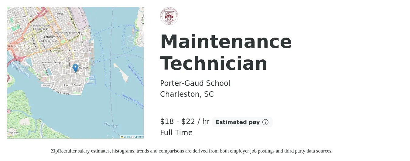 Porter-Gaud School job posting for a Maintenance Technician in Charleston, SC with a salary of $19 to $23 Hourly with a map of Charleston location.