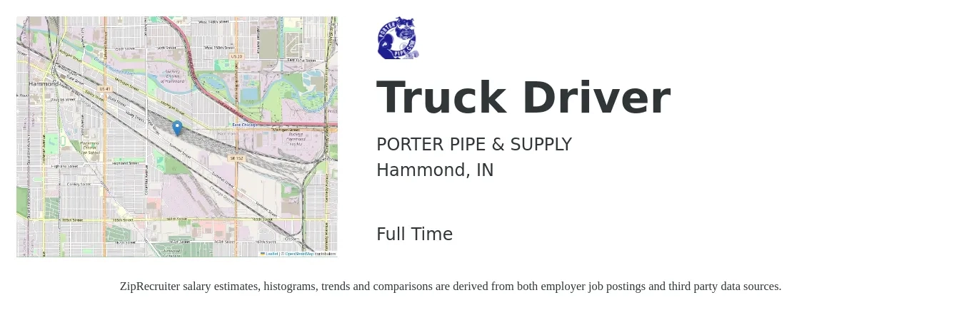 PORTER PIPE & SUPPLY job posting for a Truck Driver in Hammond, IN with a salary of $19 to $32 Hourly with a map of Hammond location.