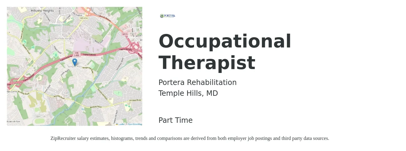 Portera Rehabilitation job posting for a Occupational Therapist in Temple Hills, MD with a salary of $44 to $58 Hourly with a map of Temple Hills location.
