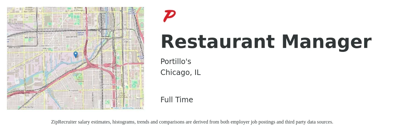 Portillo's job posting for a Restaurant Manager in Chicago, IL with a salary of $46,300 to $65,400 Yearly with a map of Chicago location.