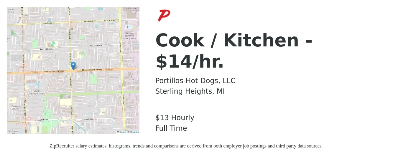 Portillos Hot Dogs, LLC job posting for a Cook / Kitchen - $14/hr. in Sterling Heights, MI with a salary of $14 Hourly with a map of Sterling Heights location.