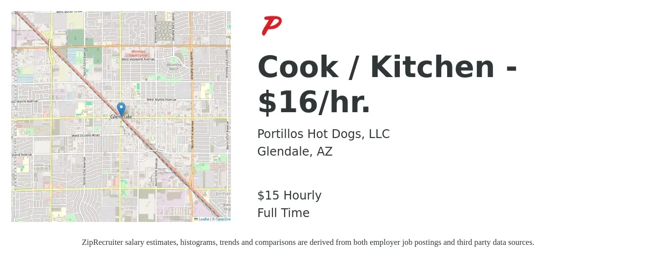 Portillos Hot Dogs, LLC job posting for a Cook / Kitchen - $16/hr. in Glendale, AZ with a salary of $16 Hourly with a map of Glendale location.