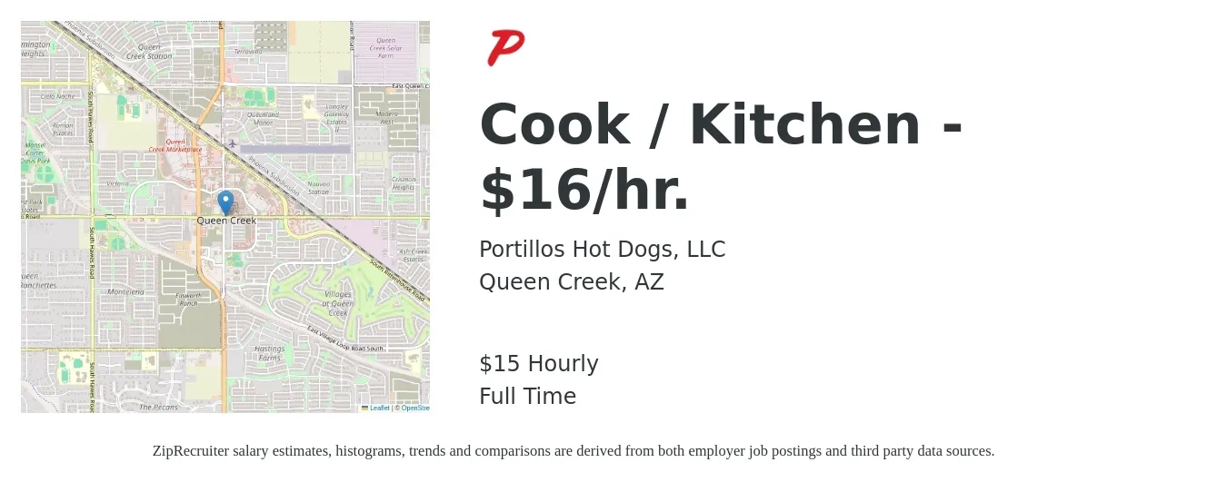 Portillos Hot Dogs, LLC job posting for a Cook / Kitchen - $16/hr. in Queen Creek, AZ with a salary of $16 Hourly with a map of Queen Creek location.