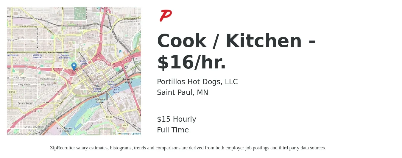 Portillos Hot Dogs, LLC job posting for a Cook / Kitchen - $16/hr. in Saint Paul, MN with a salary of $16 Hourly with a map of Saint Paul location.