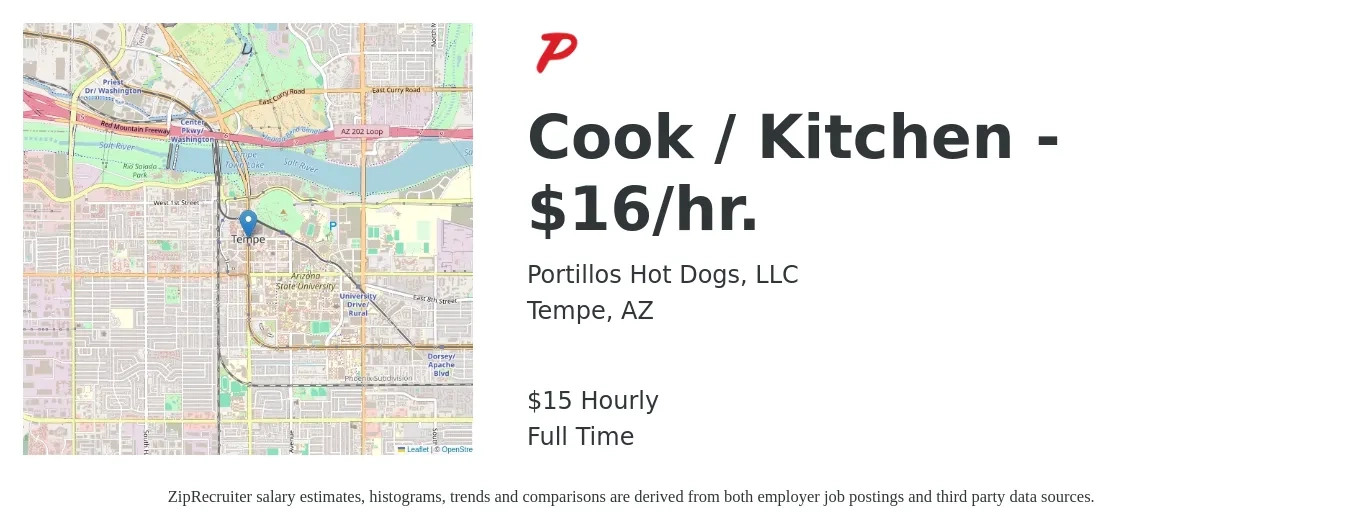 Portillos Hot Dogs, LLC job posting for a Cook / Kitchen - $16/hr. in Tempe, AZ with a salary of $16 Hourly with a map of Tempe location.