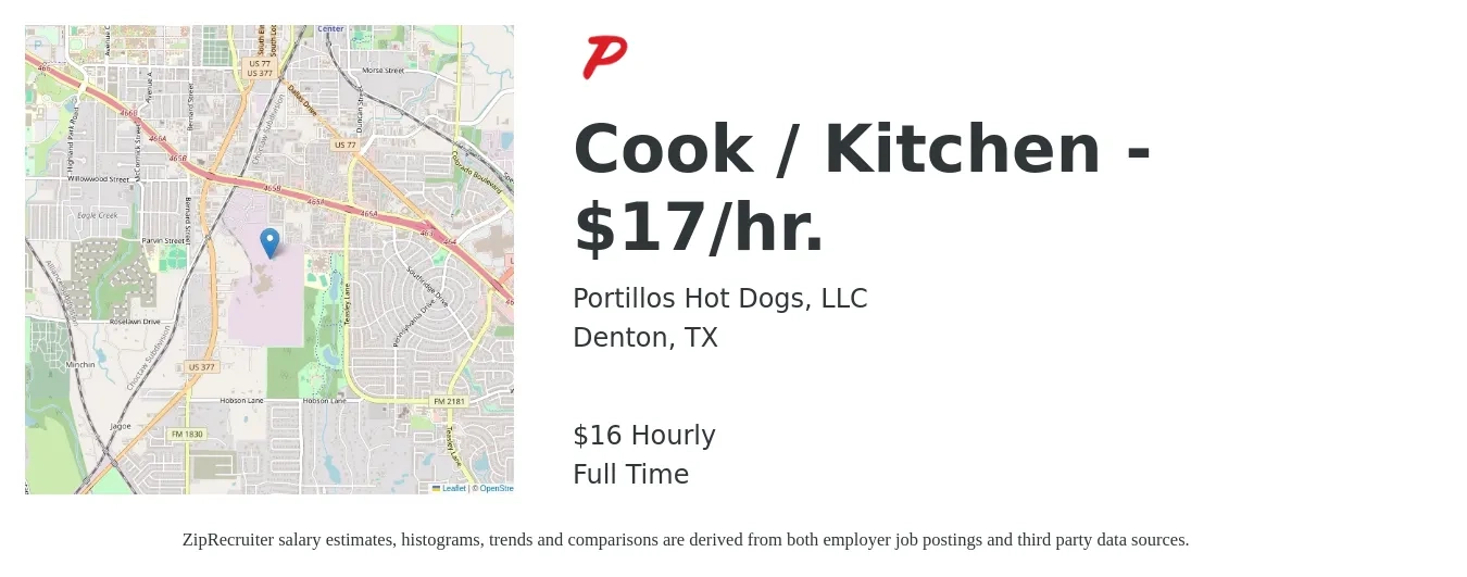 Portillos Hot Dogs, LLC job posting for a Cook / Kitchen - $17/hr. in Denton, TX with a salary of $17 Hourly with a map of Denton location.