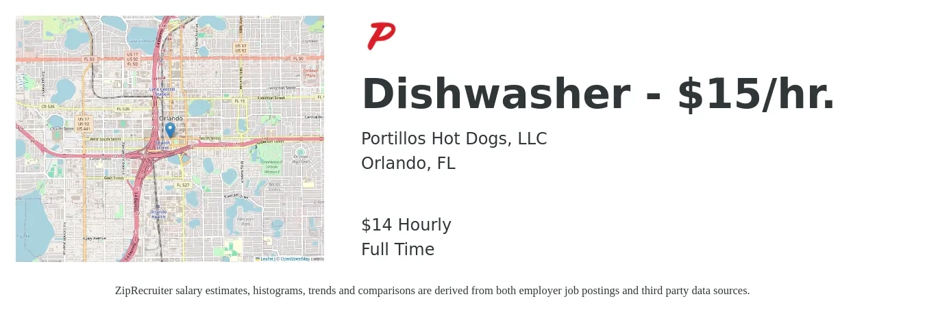 Portillos Hot Dogs, LLC job posting for a Dishwasher - $15/hr. in Orlando, FL with a salary of $15 Hourly with a map of Orlando location.