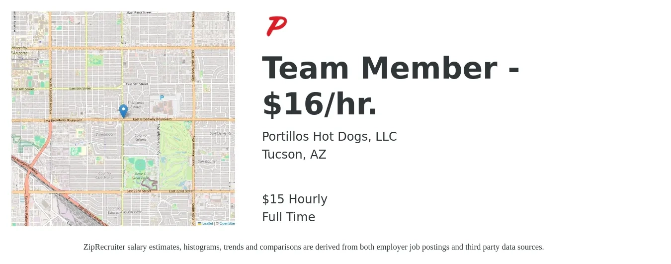 Portillos Hot Dogs, LLC job posting for a Team Member - $16/hr. in Tucson, AZ with a salary of $16 Hourly with a map of Tucson location.