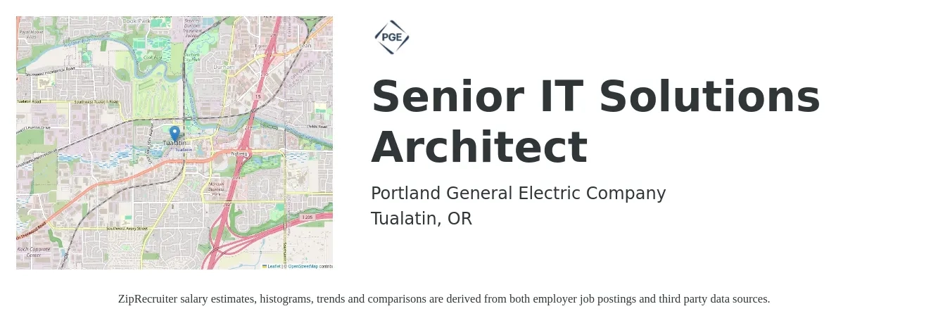 Portland General Electric Company job posting for a Senior IT Solutions Architect in Tualatin, OR with a salary of $130,700 to $183,800 Yearly with a map of Tualatin location.