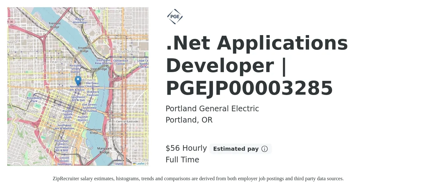 Portland General Electric job posting for a .Net Applications Developer | PGEJP00003285 in Portland, OR with a salary of $59 Hourly with a map of Portland location.