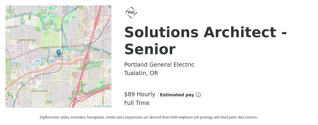 Portland General Electric job posting for a Solutions Architect - Senior in Tualatin, OR with a salary of $94 Hourly with a map of Tualatin location.