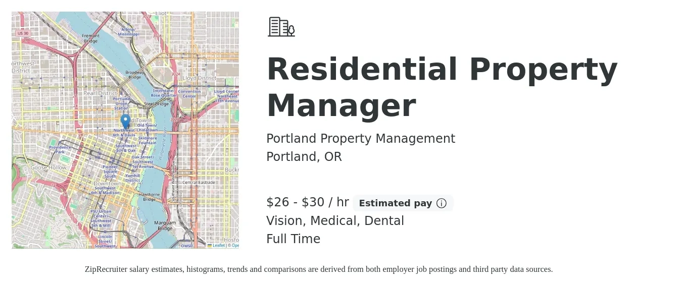 Portland Property Management job posting for a Residential Property Manager in Portland, OR with a salary of $28 to $32 Hourly and benefits including dental, medical, pto, retirement, and vision with a map of Portland location.
