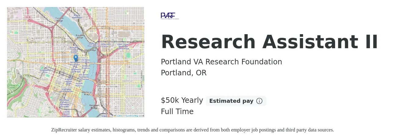 Portland VA Research Foundation job posting for a Research Assistant II in Portland, OR with a salary of $50,620 Yearly with a map of Portland location.